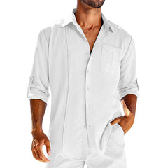 Men's Casual Long Sleeve Polo Shirt – Solid Color Button Design with Pocket - YanaChi Store