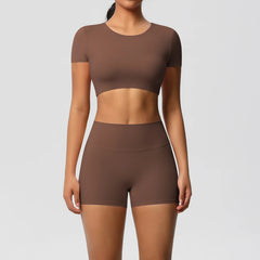 Women's 2-Piece Yoga Set: Short Sleeve Gym Top & High-Waist Shorts for Fitness