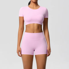 Women's 2-Piece Yoga Set: Short Sleeve Gym Top & High-Waist Shorts for Fitness