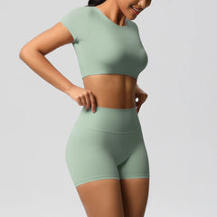 Women's 2-Piece Yoga Set: Short Sleeve Gym Top & High-Waist Shorts for Fitness