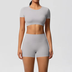 Women's 2-Piece Yoga Set: Short Sleeve Gym Top & High-Waist Shorts for Fitness