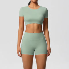 Women's 2-Piece Yoga Set: Short Sleeve Gym Top & High-Waist Shorts for Fitness