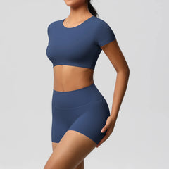 Women's 2-Piece Yoga Set: Short Sleeve Gym Top & High-Waist Shorts for Fitness