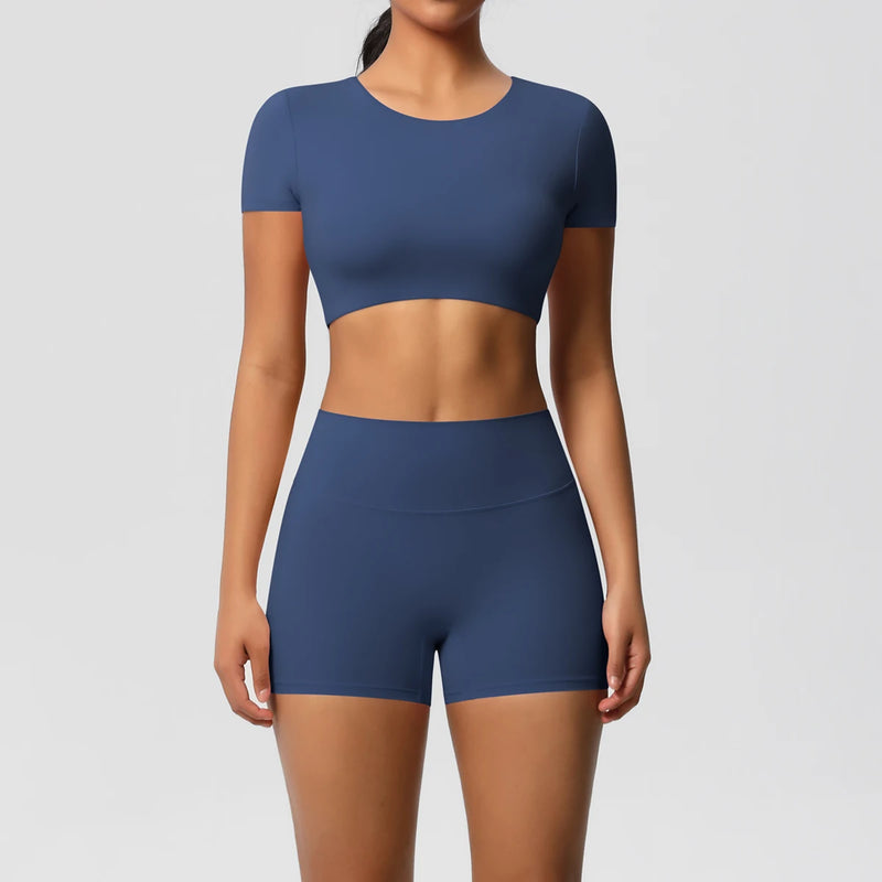 Women's 2-Piece Yoga Set: Short Sleeve Gym Top & High-Waist Shorts for Fitness
