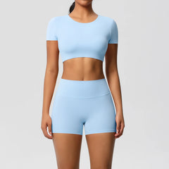 Women's 2-Piece Yoga Set: Short Sleeve Gym Top & High-Waist Shorts for Fitness