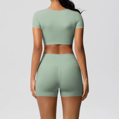 Women's 2-Piece Yoga Set: Short Sleeve Gym Top & High-Waist Shorts for Fitness