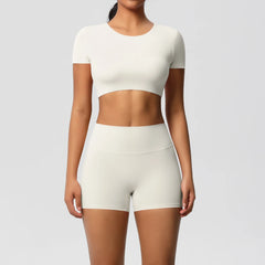 Women's 2-Piece Yoga Set: Short Sleeve Gym Top & High-Waist Shorts for Fitness