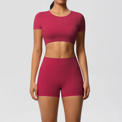 Women's 2-Piece Yoga Set: Short Sleeve Gym Top & High-Waist Shorts for Fitness