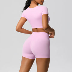 Women's 2-Piece Yoga Set: Short Sleeve Gym Top & High-Waist Shorts for Fitness