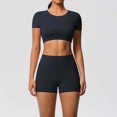 Women's 2-Piece Yoga Set: Short Sleeve Gym Top & High-Waist Shorts for Fitness