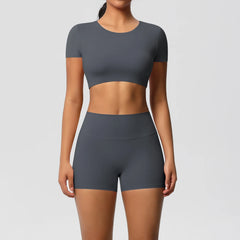 Women's 2-Piece Yoga Set: Short Sleeve Gym Top & High-Waist Shorts for Fitness
