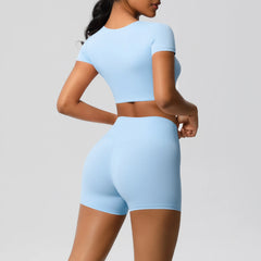 Women's 2-Piece Yoga Set: Short Sleeve Gym Top & High-Waist Shorts for Fitness