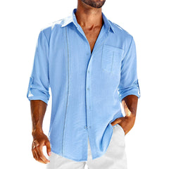 Men's Casual Long Sleeve Polo Shirt – Solid Color Button Design with Pocket - YanaChi Store