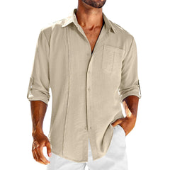 Men's Casual Long Sleeve Polo Shirt – Solid Color Button Design with Pocket - YanaChi Store